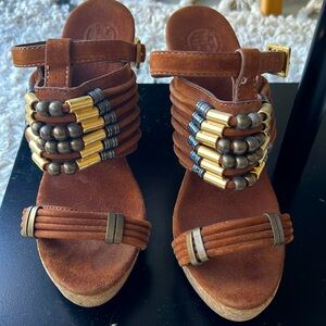 TORI BURCH leather beaded wedge sandals